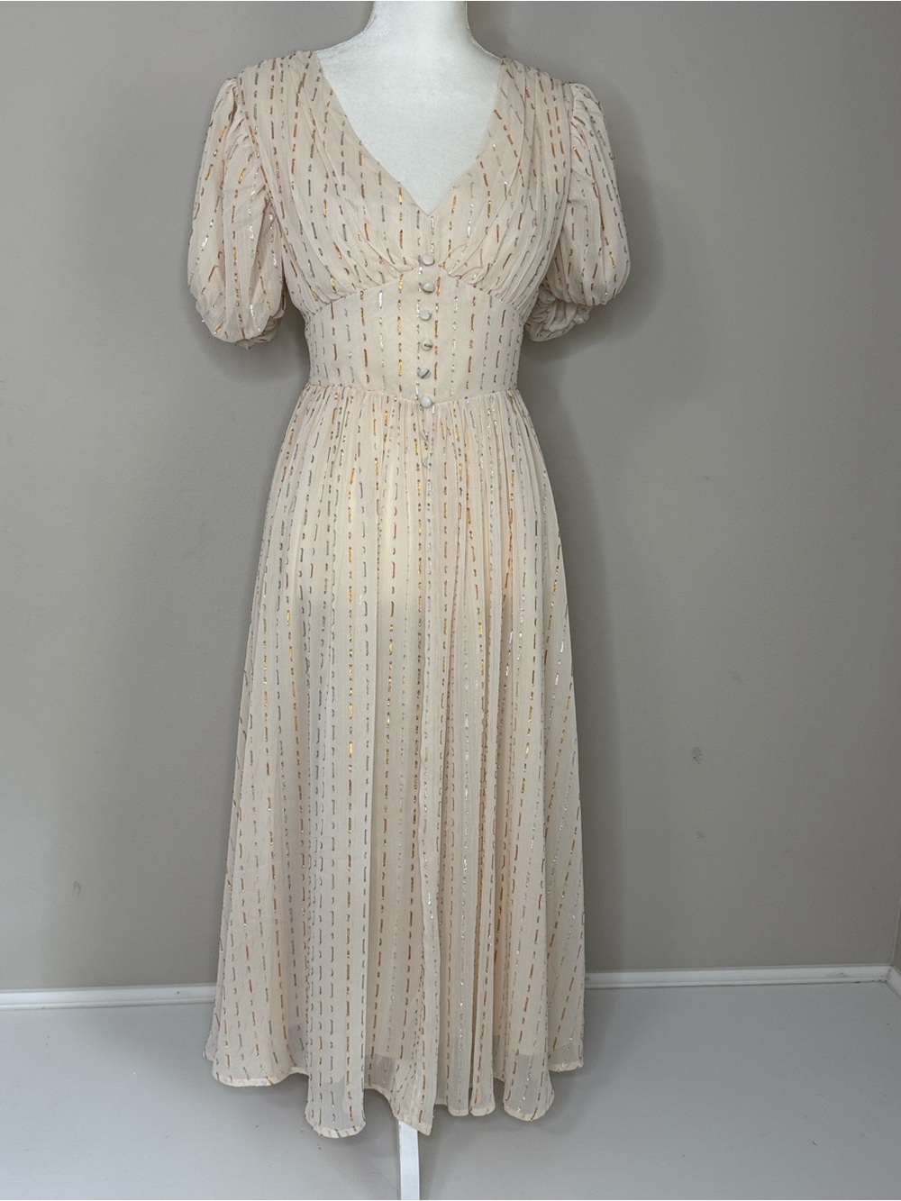 JessaKae Cream Midi Dress with Gold/Silver Clip-Dash Metallic Stripes M